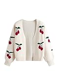 SHENHE Girl's V Neck Cherry Print Cute Open Front Soft Drop Shoulder Cardigan Sweater Beige 9Y