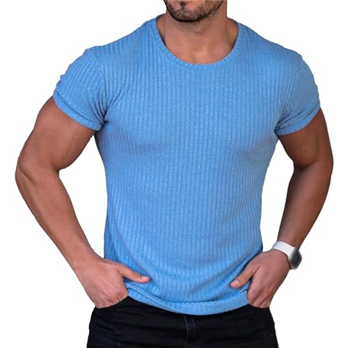 Camiseta atlética de manga corta para hombre, elástica, de punto acanalado, cuello cerw, camiseta de entrenamiento, casual, ajustada, sólida, musculosa, Azul claro, 3XL