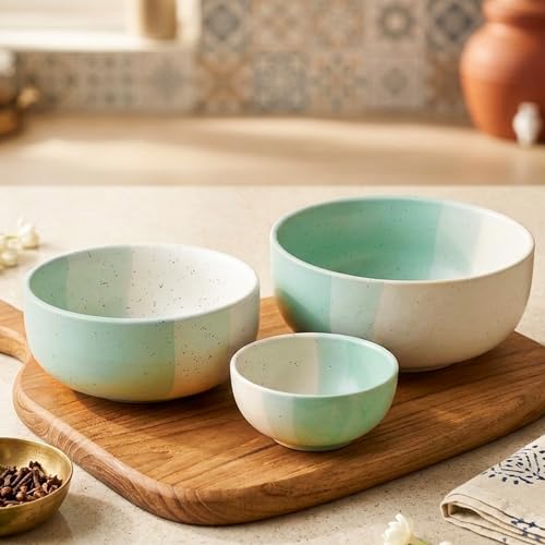 Image of The Earth Store Tritone Green Ceramic Serving Bowl Set of 3 - 800ML, 500ML, 150ML Microwave Safe Bowl, Elegant Serving Bowl | Ceramic Bowl Set of 3 for Home | Restaurants | Gifting