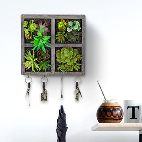 Mygift Artificial Succulent Wall Decor Grid Design Planter With 4 Key Hooks, Vintage Gray Wood Fake Living Wall Art #TOP1