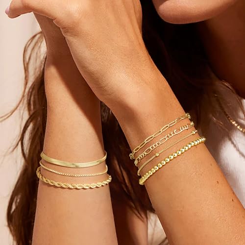 M MOOHAM 7PCS Gold Bracelets for Women, 14K Gold Plated Beaded Bracelet Set - image 8