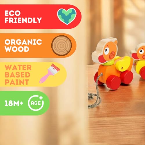 Image of Cubika Wooden Walk Along Ducks - Pull Toys for Toddlers Ages 1-3 - Montessori Inspired, FSC-Certified Wood, German Water-Based Paint - Travel-Friendly Wooden Toy for Boys and Girls