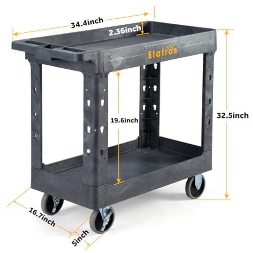 Image of ELAFROS 2-Tier Heavy Duty Rolling Cart, 34 x 17 in, 2 Fixed 2 Swivel, Gray