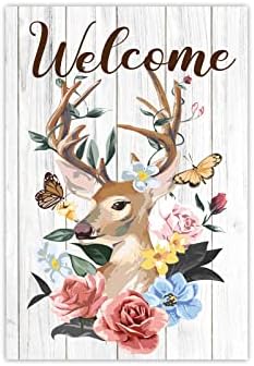 WPCTYQ Deer Welcome Garden Flag Welcome Sign Garden Flag Flower Flag Deer Garden Flag Small Vertical Watercolor Deer Big Antlers Flowers and Butterfly on the Horns Yard Outdoor Decor Double Sided 12.5 x 18 Inch
