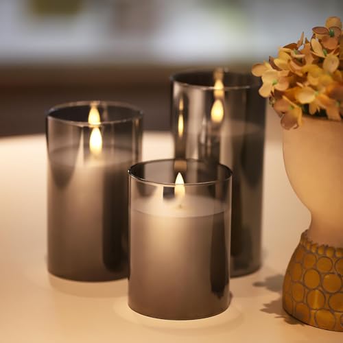 Image of Flameless Candles Battery Operated Candles LED Pillar Grey Glass Candles | 10-Key Control with Remote and Timers for Indoor Party, Wedding,Tabletop Halloween Decorations, H 4 inch 5 inch 6 inch, Set of 3