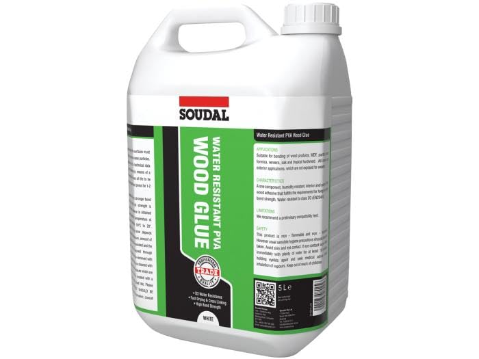 Soudal Trade Water Resistant PVA Wood Glue Adhesive Fast Drying Strength High Bond White Interior And Exterior class D3 (EN204/5) (5L)
