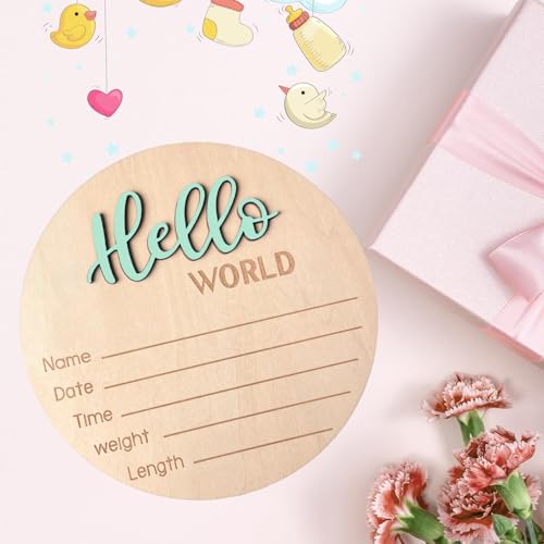 Image of Baby Announcement Sign, 5.9 Inch Wooden Hello World Newborn Signs, Birth Announcement Sign, Baby Shower Hospital Nursery for Newborn Boys and Girls (Spark Green)
