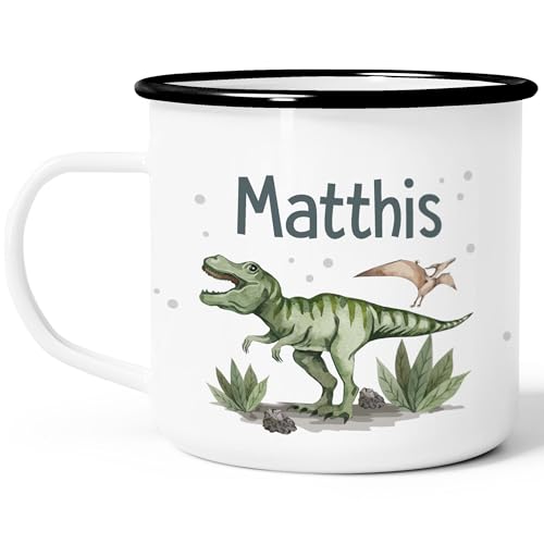SpecialMe® Kinder-Tasse Emaille Dino mit Namen personalisiert Dinosaurier T-Rex Namenstasse individuelle Geschenke Emaille-weiss-schwarz… – Ansicht 2