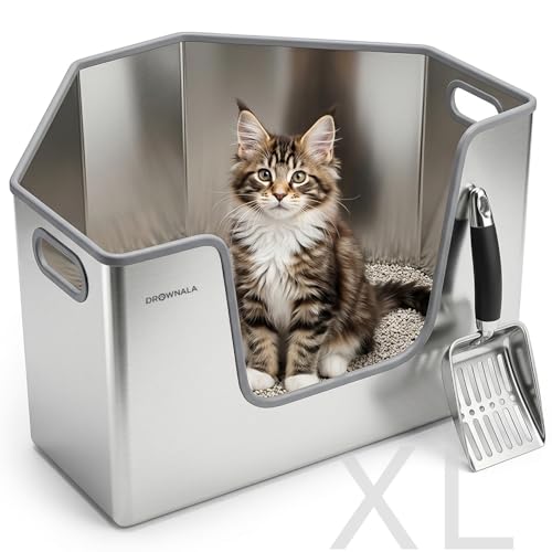 Drownala - Corner Stainless Steel Litter Box for Cat & Kitten - Extra Large High Sided Triangle Stainless Steel Pan Litterbox - Litter High Sides Wall - No Odor -Non Stick - Easy to Clean - With Scoop