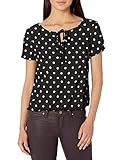 Star Vixen Women's Short/Slit Sleeve Keyhole-tie Peasant Top Bubble Hem, Black/White dot, XL