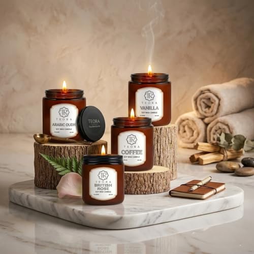 Image of Teora By Bindian Luxury Soy Wax Scented Candle in Amber Glass Jars | 220g Each | 45H Long Burn Time | Natural Smokeless Wax for Home Decor, Spa & Aromatherapy Candle (Aromatherapy Pack of 4)