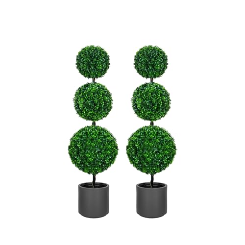 VIVATREES 3FT Artificial Triple Ball Topiary Trees with Gray Planter Pot, Outdoor Indoor Realistic...