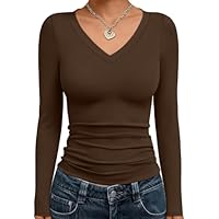 Trendy Queen Long Sleeve Shirts for Women 2025 Early Fall Fashion Crop Tops for Women V Neck Casual Basics Slim Fitted Y2K Cute Tops Outfits Clothes Blouses Chocolate Brown M
