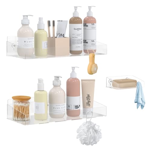 Durmmur Acrylic Shower Caddy with Soap Dish, 3Pack Clear Adhesive Bathroom Shower Shelves Organizer, Transparent Floating Shelf for Wall Storage Shower Mirror, With Hook