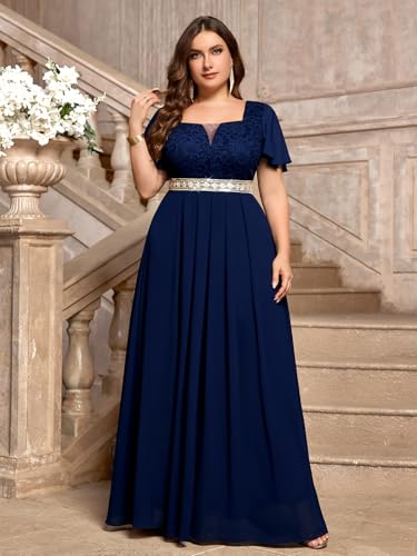 MISSMAY Women's Plus Size Floral Lace Ruffle Sleeves Beads Waist Chiffon Formal Party Maxi Dress4