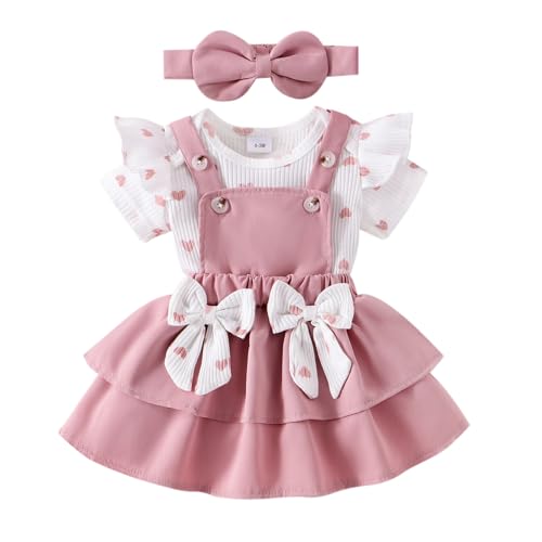 Image of FOCUTEBB Baby Girl Clothes Newborn Romper Love Heart Print Short Sleeved Ruffled Bow Skirt Headband Outfits Set 0-18 Months