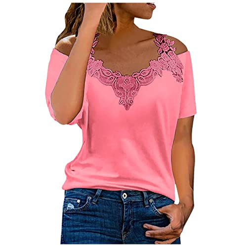 Tallas Grandes Camiseta Mujer,Camisetas Manga Corta Mujer Sexy Camiseta cde Hombros Descubiertos con Tirantes de Encaje Patchwork Moda Informal Color sólido Blusas Casual Streetwear