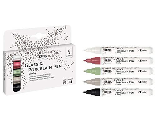 KREUL 16570 - Glass & Porcelain Pen Chalky Juego de 5 lápices tipo tiza para vidrio y porcelana Punta de bala no deformable Ancho de trazo aprox. 2-4 mm Suave