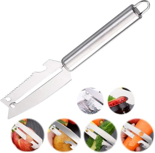 Image of 4 in 1 Stainless Steel Vegetable Peeler with Knife, Bottle Opener & Serrated Edge, Multipurpose Fruit and Vegetable Peeling Tool with Hanging Loop, Kitchen Peeler