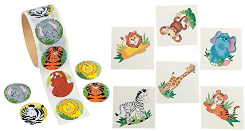 Jungle Zoo Animal Theme Kid's Party Favors (100 Stickers & 72 Tattoos)