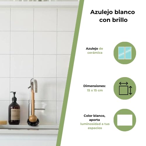 Azulejo Blanco Brillo 15x15, Brillante, Gres, Cerámico, Liso, Elegancia y Durabilidad para tu Baño y Cocina - 1 m² (45 Piezas)