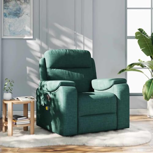 Cartvyn Sillón de masaje de tela verde oscuro con masaje vibratorio de 6 puntos, función de reclinación manual hasta 135 grados, acolchado, con bolsillo lateral, marco de madera y metal estable para