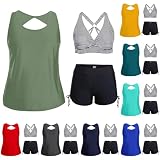 ZWDC Tankini Damen Bauchweg 3 Teilig Badeanzug mit Shorts Streifen Bikini Oberteil und Lockeres Schwimmshirt Tank Top Set für Strand Pool Urlaub Outdoor Wassersport