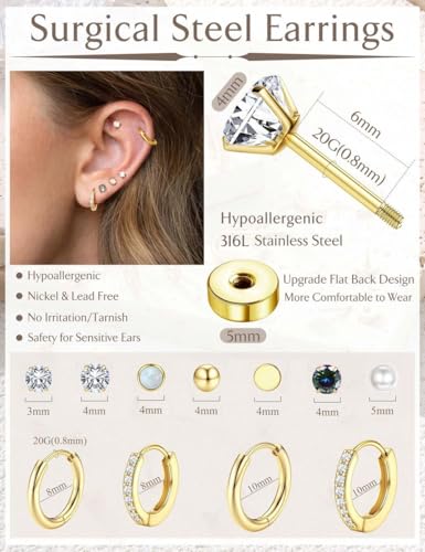 Image of Shining Diva Fashion 12 Pairs Anti Tarnish Earrings Combo Set | 14K Gold Plated | Hypoallergenic Stainless Steel Earring for Sensitive Ears | Flat Back Stud Hoop Cartilage Earring for Multiple Piercing