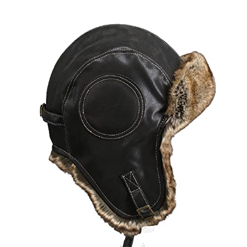 WDSOPK Gorra de Aviador Unisex Negra de Piel sintética, Gorra de piloto, Resistente al Viento, para Caza en Invierno, marrón, 56-58 cm (Negro, 6 7/8)