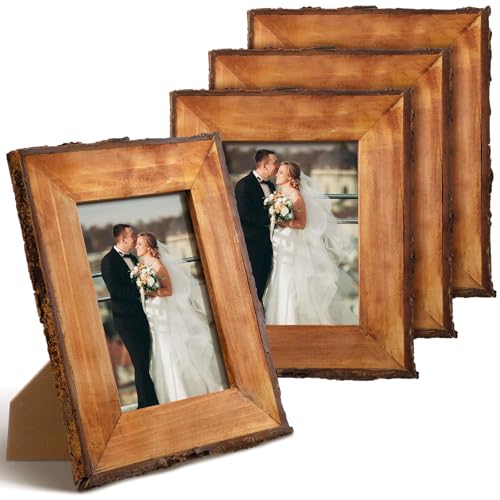 Pinkunn 4 Pack 5x7 Live Edge Picture Frame, Rustic Brown Wood Photo Frames Farmhouse Decor for...