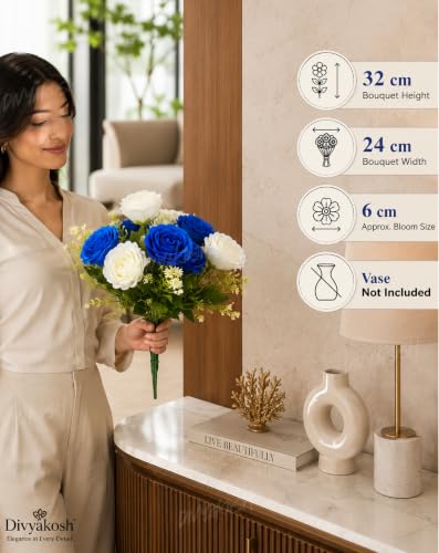 Image of Divyakosh Artificial Flowers Bunch (Vase Not Included). Artificial Flower for Vase, 5 Royal Blue & 5 Cream White Peony Bouquet, Artificial Flower for Living Room Office Dining Table
