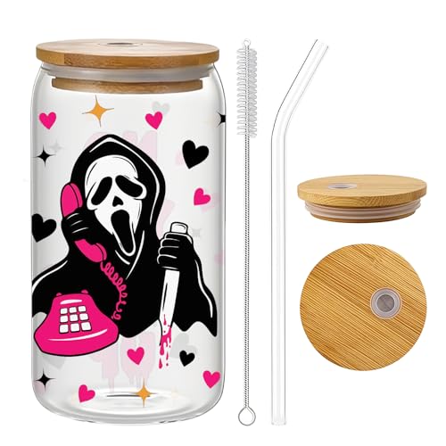 Yamobi Halloween glaskopp med lock och halm, 40 ml rosa skrikande döskallemönster, spooky iced Coffee Tumbler, höst dryckesglas, gåva för kvinnor, tonåringar, dekoration
