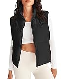 MEROKEETY Women's Quilted Puffer Vest Lightweight Stand-up Collar Soild Color Warm Outewear, Black, Small