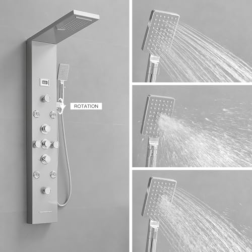 BWE Shower Panel Tower System with Rainfall Waterfall Head and Adjustable Massage Body Jets, Temperature Display Wall Mount Shower Column, Stainless Steel Brushed Nickel and Chrome - Thumbnail 2