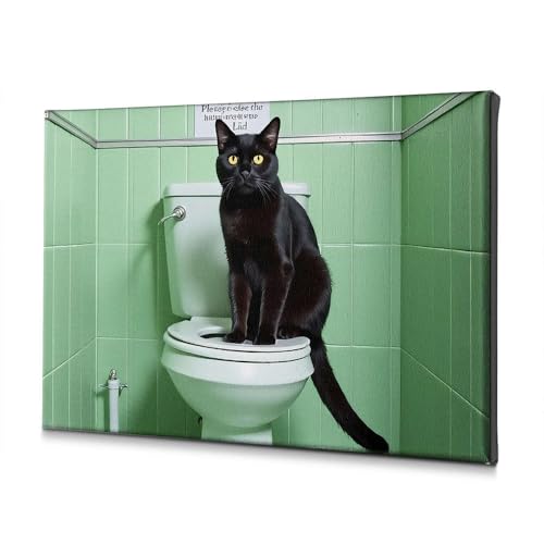 Toile chat noir décoration salle de bain verte tableau WC 40x60