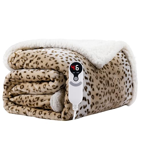 Electric Heated Blanket Twin Size 62x84 - Microplush & Sherpa Fabric Dual-Sided 9 Heat Settings & 10 Hours Auto Off Cozy Warming Throw for Office or Bed Machine Washable Beige Leopard Print