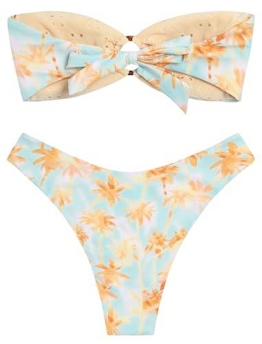 Image of ZAFUL Women's Bandeau Bikini O Ring Strapless Tie Back High Cut Two Piece Swimsuit Bathing Suits