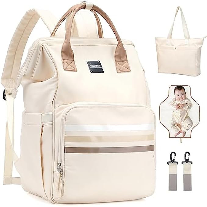 WEFLIER Diaper Bag Backpack, Baby Essentials Travel Bag, Multi function Waterproof Small Diaper Bag for Baby Girl, Baby Bag with Changing Station and Teto Bag, Stroller Straps – Unisex,Beige