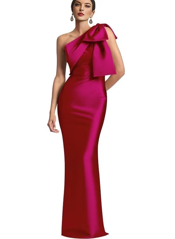 Image of One Shoulder Bridesmaid Dresses with Bow Long Mermaid Satin Back Slit Mother of The Bride Dresses PM004