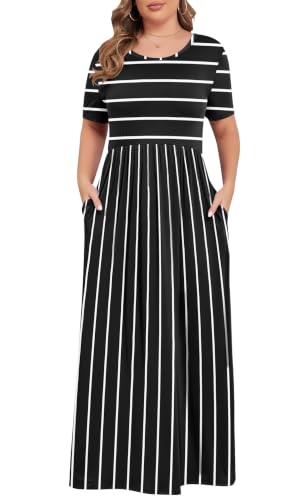 Image of KARALIN Women Plus Size Maxi Dress Short Sleeve Round Neck Loose Fit A-Line | Plus Size Long Dress,Summer Casual Maxi Dresses,Short Sleeve,Side Pockets,Round Neck,Elastic Waist,14 Plus - 26 Plus