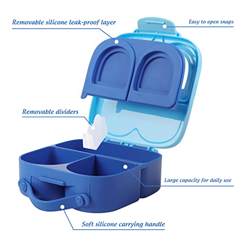 Fooyoo Plastic Bento Lunch Boxes For Kids - Big Kids Lunch Containers For School, Portable Silicone Toddler Lunch Box, Travel To-Go Food Container 4 Compartments Meal Prep Removable Divider(Blue) #TOP2