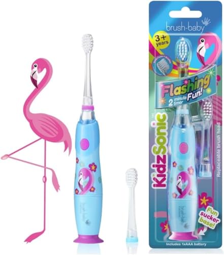 Spazzolino Baby KidzSonic Spazzolino elettrico per bambini dai 3 anni in su - Luci da discoteca, vibrazioni delicate e timer intelligente per un'esperienza di spazzolatura divertente - Flamingo