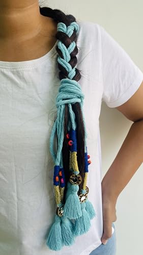 Image of Zippy Flora Neelima Handmade Boho Parandi (Sky Blue) | Traditional Punjabi Cotton Paranda Hair Accessory with Braid Tassels | Women's Ethnic Hair Extension for Choti, Braids & Patiala Shahi Hairstyles