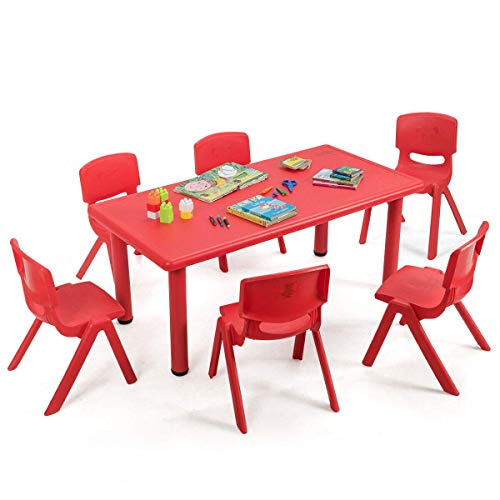 Costzon Kids Table And Chair Set, 6 Pcs Stackable Chairs, 47 X 23.5 Inch Rectangular Plastic Activity Table Set For Children Reading Drawing Playing Snack Time, Toddler School Furniture (Red) #TOP7