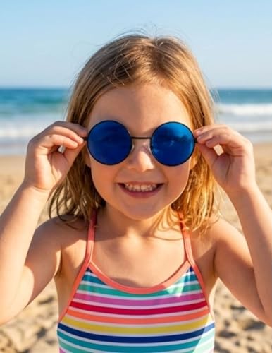 Image of BookMyCostume Kids Round Blue Sunglasses - Circular Sunshades for Boys and Girls - Fashion Summer Outdoor Eyewear Accessory for Birthday, Photo Shoots, and Fancy Dress | Aged 2 to 8 Years