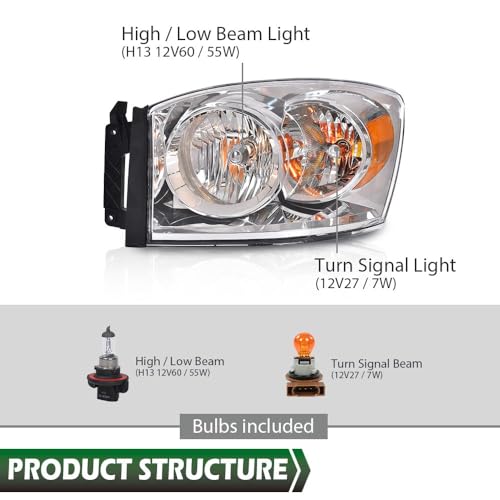 Image of GRAND ORANGE Headlight Assembly Diver Left Side Compatible with Dodge Ram 1500 Truck 2006-2008 /Fit Dodge Ram 2500 3500 Truck 2006-2009 w /Bulbs Clear Lens Chrome Housing Amber Reflector