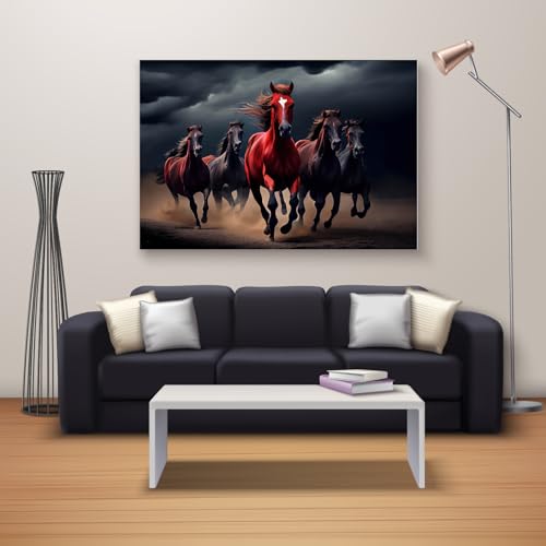 Image of Rangoli Seven Running Horses Wall Painting | Vastu-Inspired Canvas Art for Positive Energy | Framed 3D Artwork for Living Room, Office & Home Decor | Elegant Wall Decor Painting (12 x 18 Inch) (black)