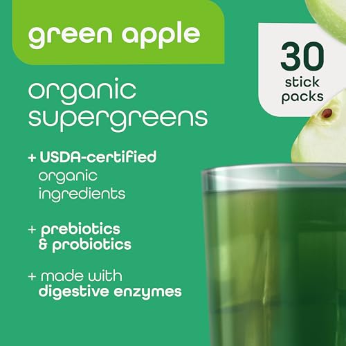 Image of Zena Nutrition Organic Super Greens Powder, 70+ Superfoods, 0 Sugar, 3g Fiber, Spirulina, Chlorella, Mushrooms, Prebiotics /Probiotics, Digestive Enzymes, Gut Health, Green Apple, 30 Drink Mix Packets