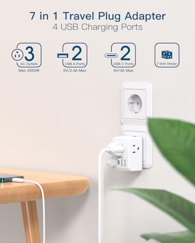 Image of 2 Pack European Travel Plug Adapter, International Power Plug Adapter with 3 Outlets 4 USB Charging Ports(2 USB C), Type C Plug Adapter Travel Essentials to Most Europe EU Spain Italy France Germany