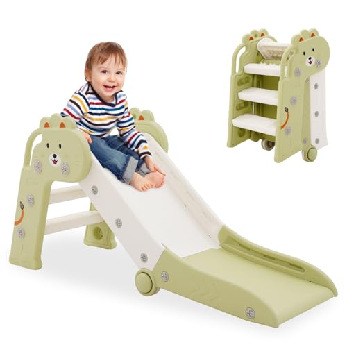 Yosamy Tobogán plegable para niños, con reposabrazos, diapositiva para bebé, tobogán infantil, diapositiva pequeña, para interior/exterior, ahorra espacio (verde)